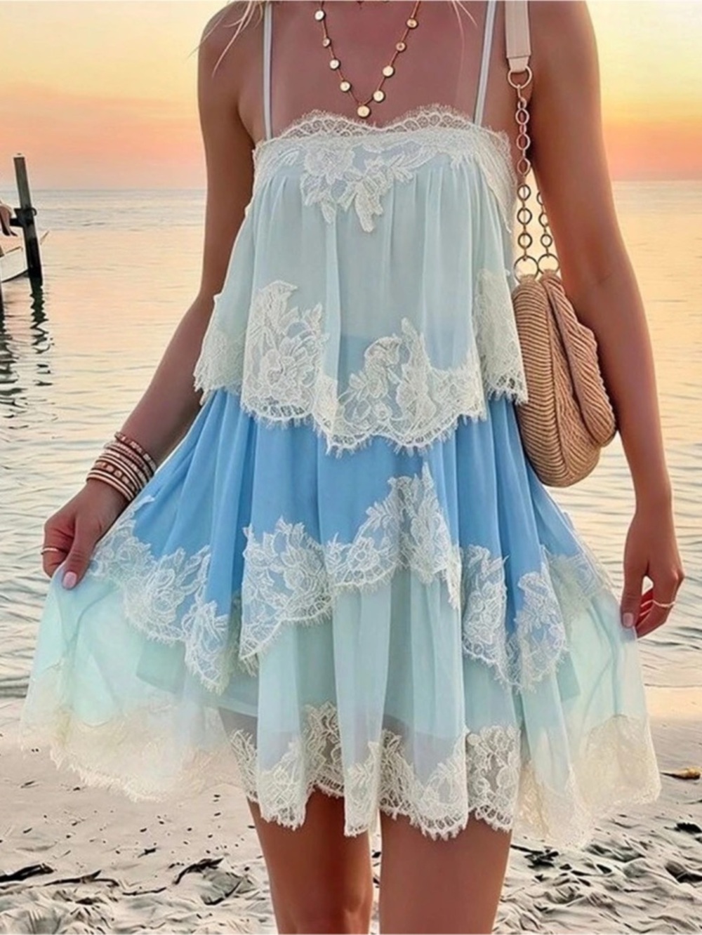 Lace Trim Mini Dress in Blue & White Like New